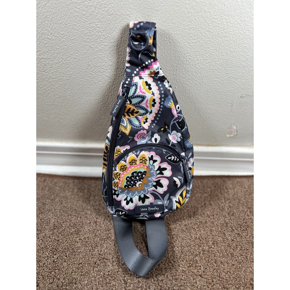 Vera Bradley Sling Bag Womens Small Gray Floral Paisley Adjustable Like New